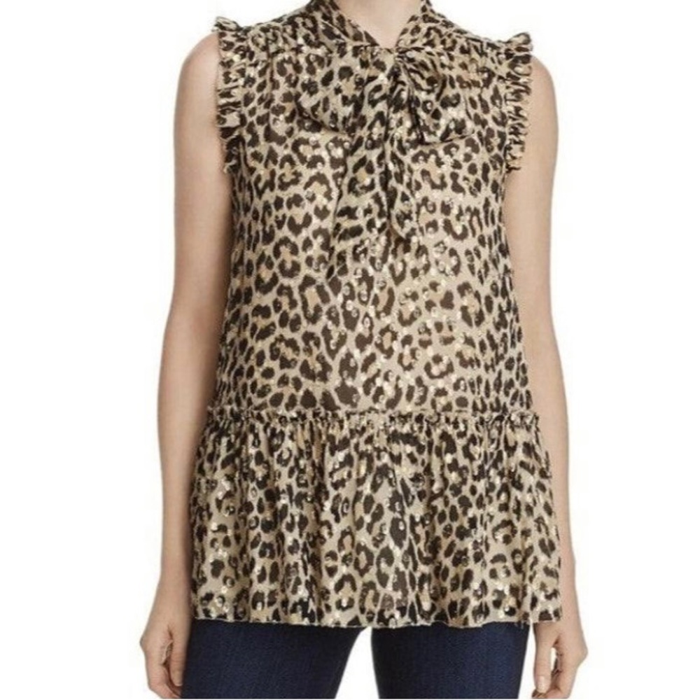 Beautiful Kate Spade Leopard blouse. XS, Loose fit w/ ruffle detail. Tie neck.